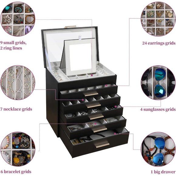 Jewelry Box for Women, Black 6 Layer Large Jewelry Organizer with Glass Lid for - Picture 5 of 7